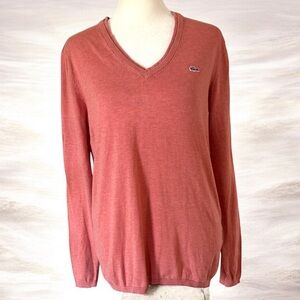 Lacoste Sweater Women's 40 Medium Pink Cotton Long Sleeve Croc Logo V Neck